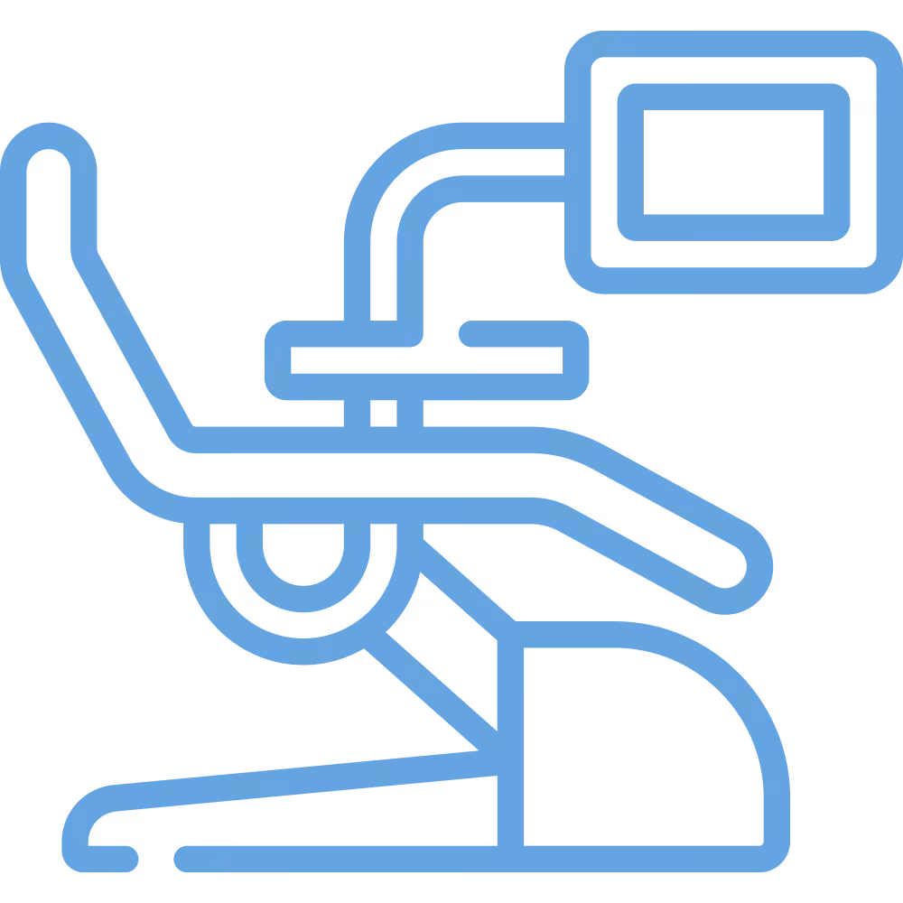 Strichzeichnung eines Zahnarztstuhls mit Monitor, ideal für moderne Zahnarztpraxen und patientenfreundliche Behandlung.