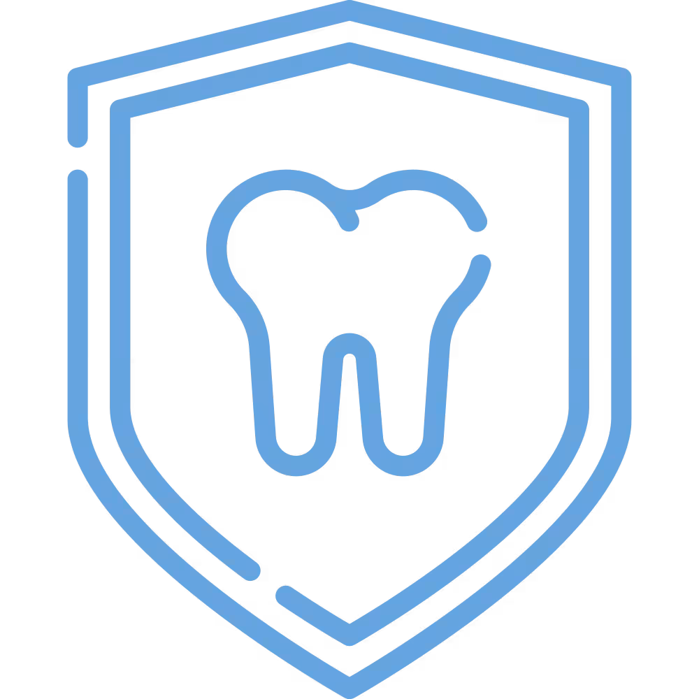 Zahn-Ikone im blauen Schild, symbolisiert Zahnschutz und Zahnpflege in einem modernen Design.