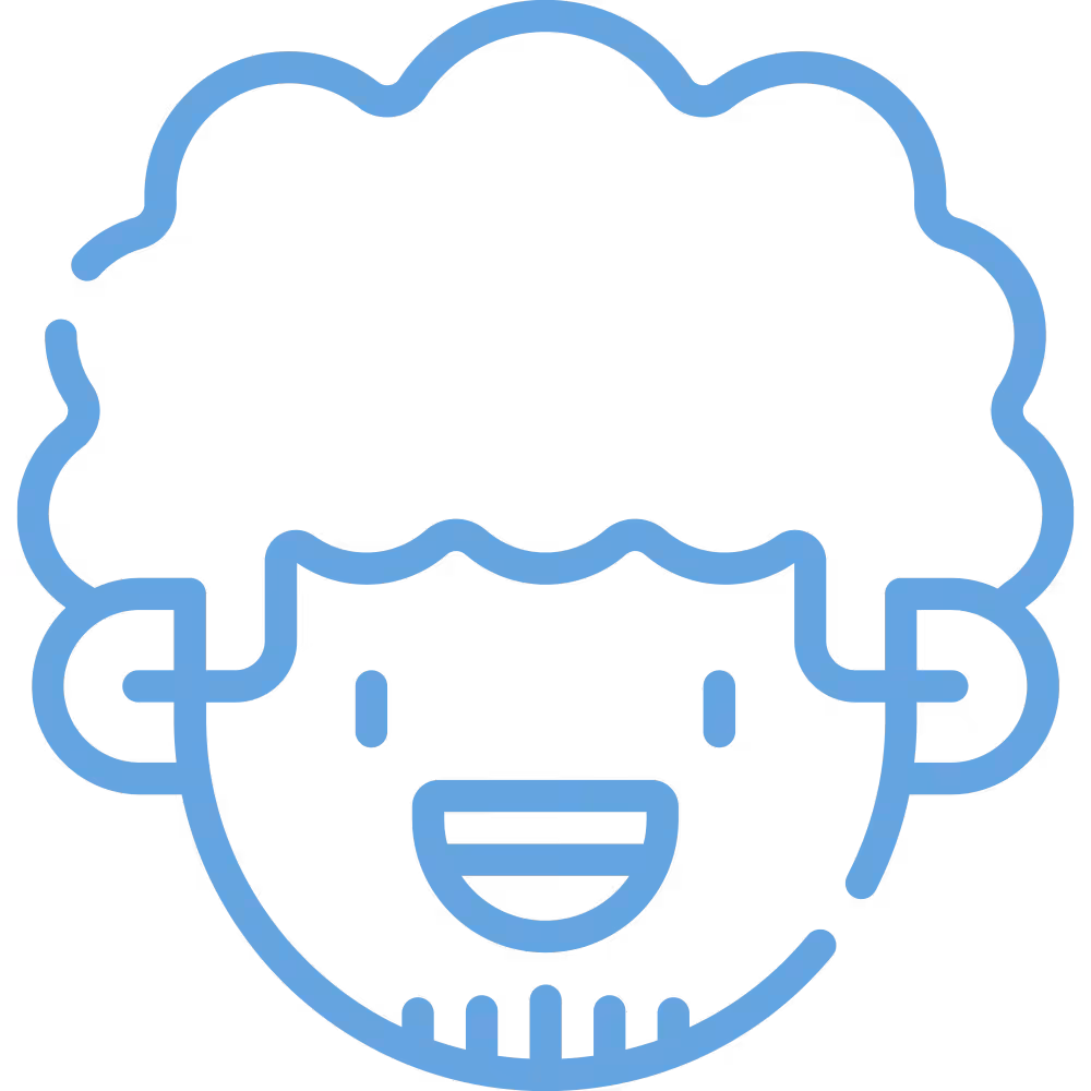 Strichzeichnung eines lächelnden Gesichts mit lockigem Haar und Bart, hellblaue Outlines.